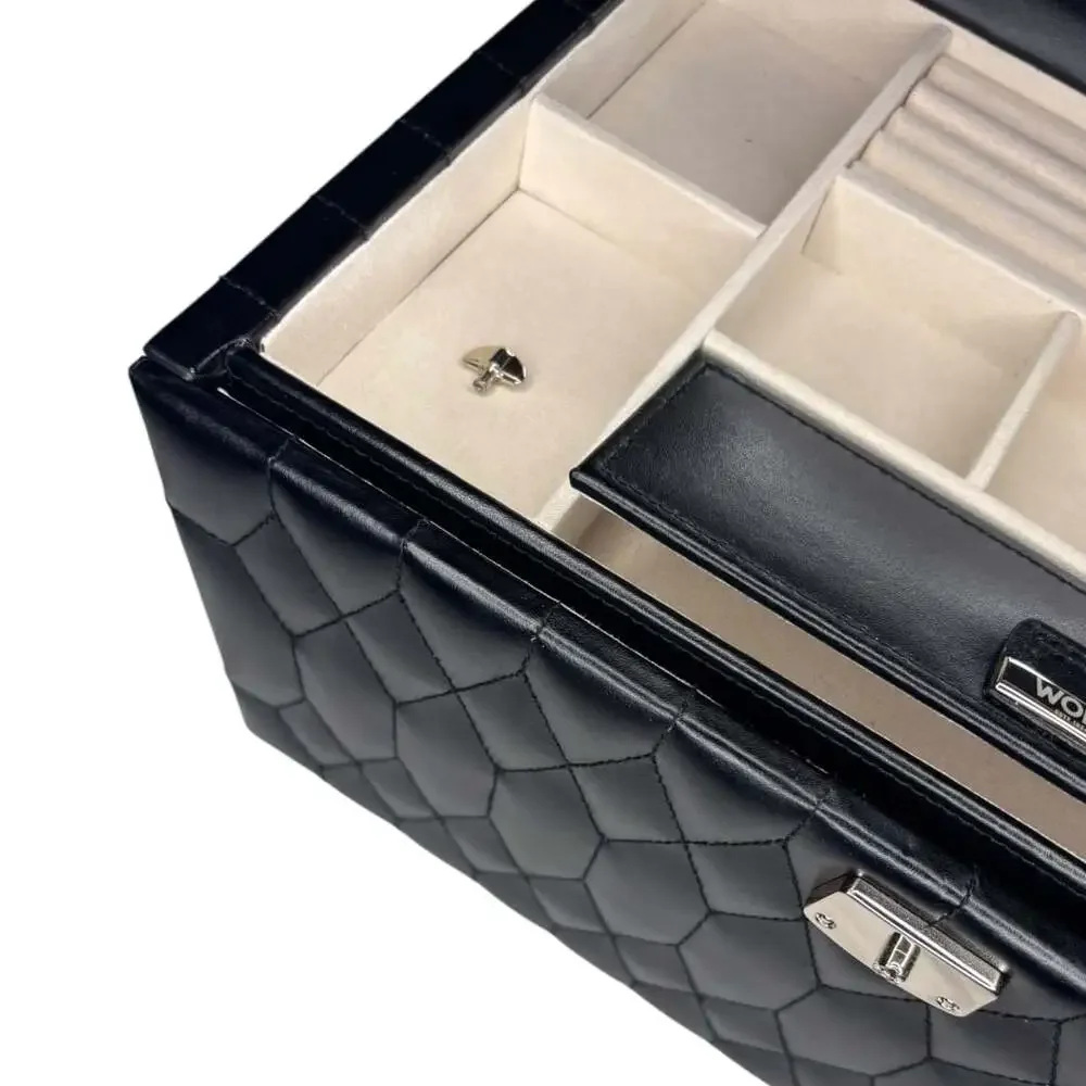 NWT WOLF Caroline Large Quilted Leather Jewelry Box in Black